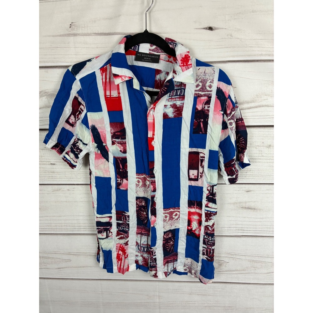 No Boundaries Mens‎ Americana Eagle Motel Collage Stripe Button Up Shirt Blue XS